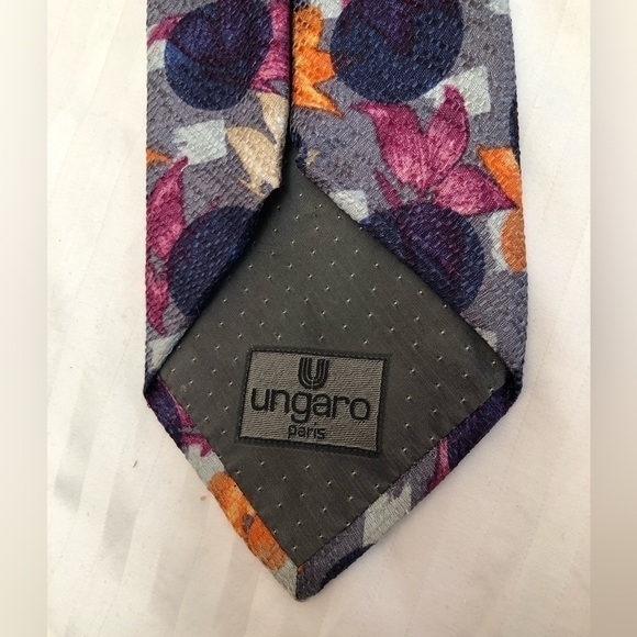 UNGARO Paris Purple Blue Circles Pink Orange Cream Flowers Silk Tie Necktie - Picture 9 of 16